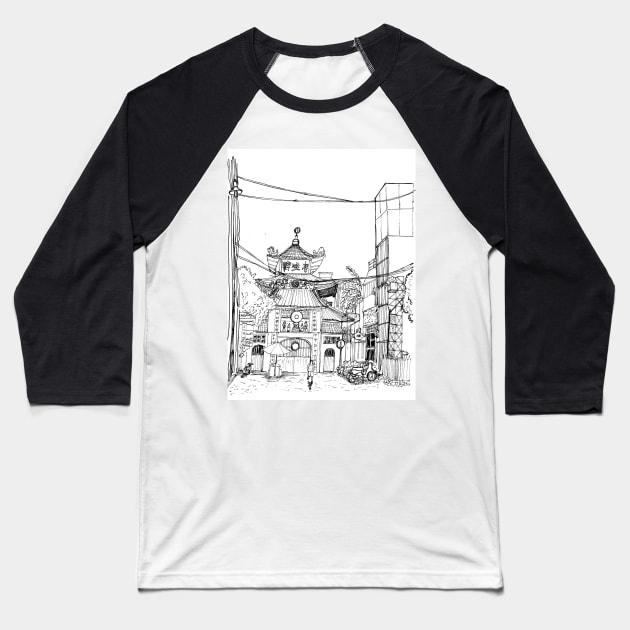 Saigon Old Temple Vietnam Pen and Ink Illustration Baseball T-Shirt by Wall-Art-Sketch